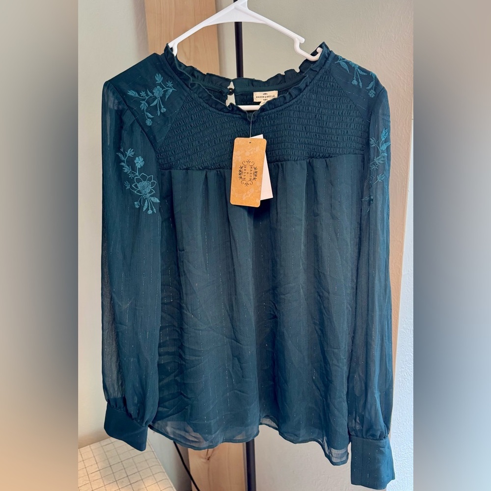 Women’s Dark Teal Long-Sleeve Embroidered Blouse